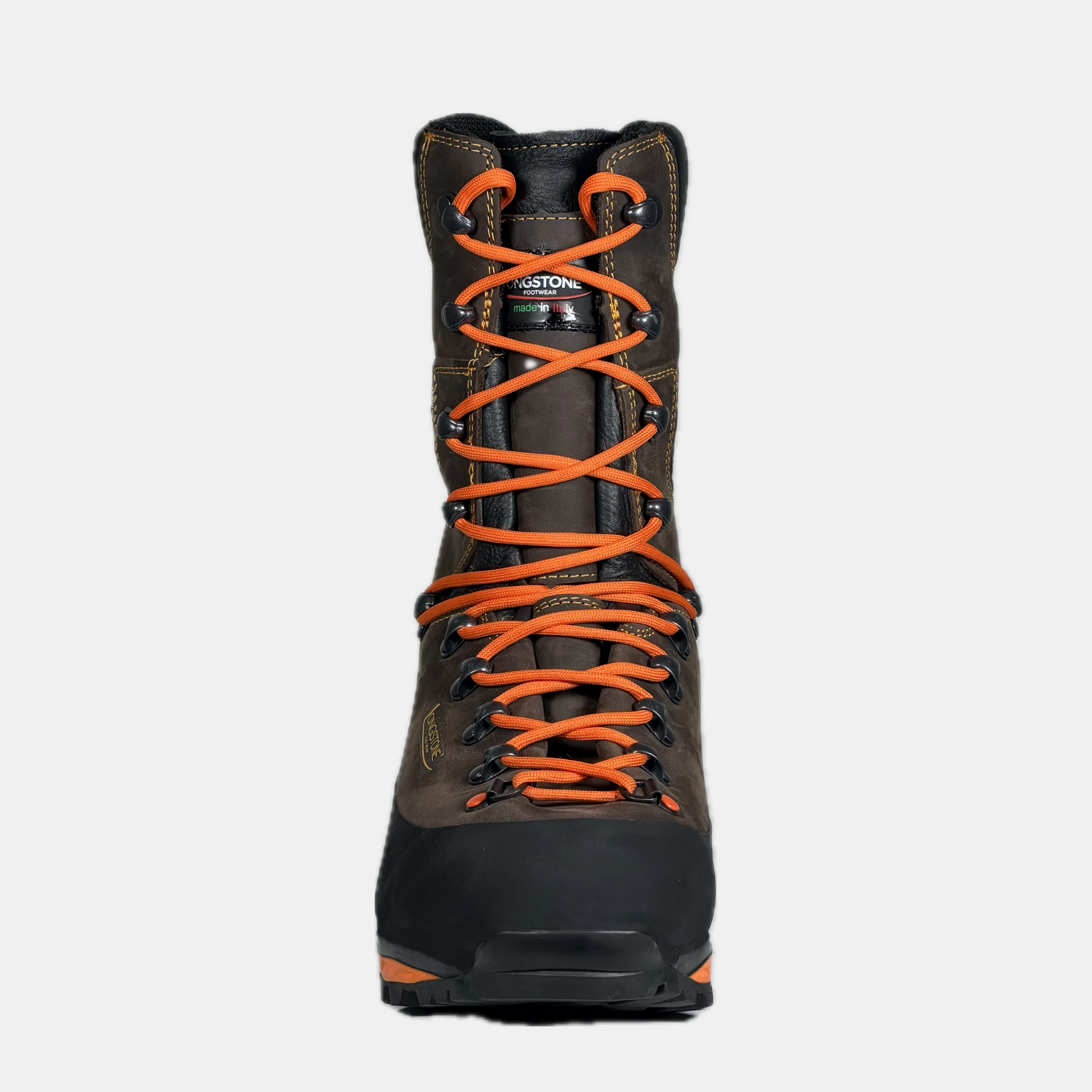 HUNTER DAKAR - Orange Longstone HUNTER DAKAR - Orange — front view, brown full-grain leather hunting boot with orange laces and an orange Vibram midsole