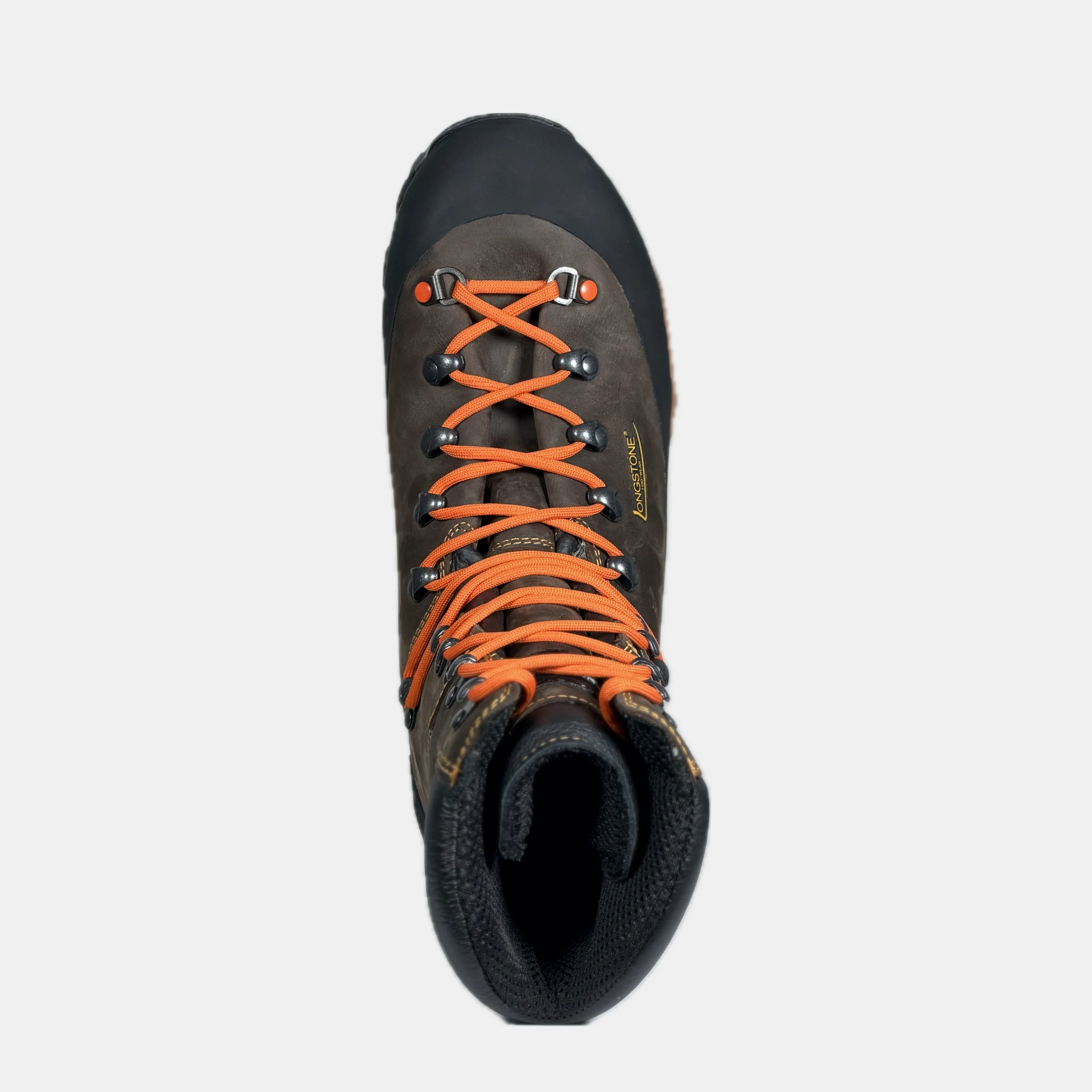 HUNTER DAKAR - Orange Longstone HUNTER DAKAR - Orange — top-down view into the boot, brown full-grain leather hunting boot with orange laces and an orange Vibram midsole