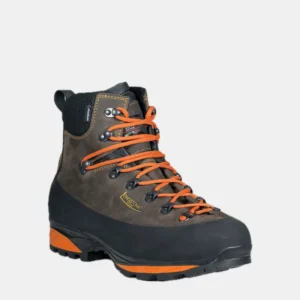 Longstone HUNTER EVO - Brown — three-quarter view from the left, grey-brown nubuck hunting boot with orange laces and an orange midsole