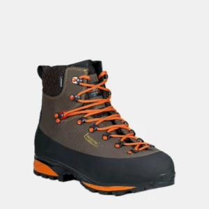 Longstone TREK HUNT - Brown — three-quarter view from the left, brown hunting boot with a honeycomb-textured collar panel, orange laces and an orange midsole